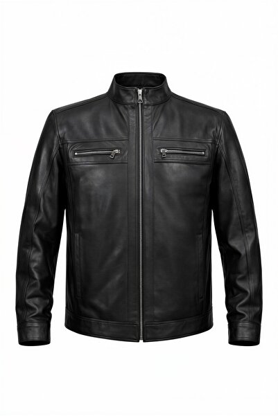 VELZANA Erkek Hakiki Deri Kahverengi Dik Yaka Ceket | Kapitoneli Astarlı, Fer...