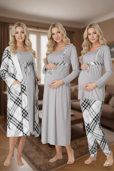 Lohussa Women's Blue Winter Plaid Long Sleeve Design Maternity Pajamas Nightg...