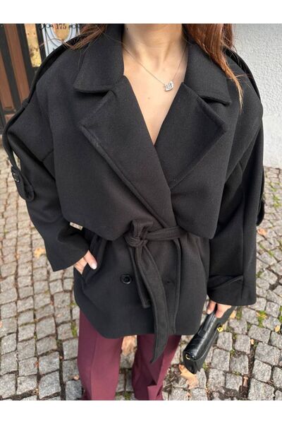 Lunea Womens Women's Black Oversized Belted Pocket Short Coat