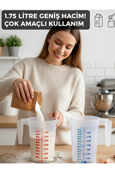 CALVERA 1.75 Litre Dereceli Ölçü Kabı - 4 Farklı Ölçüm Birimli Çok Amaçlı Mut...