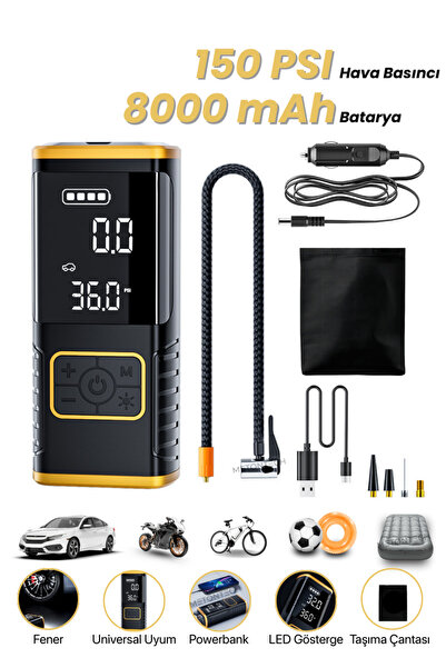METONTECH Taşınabilir Oto Hava Kompresörü 8000 mAh, 150PSI Güçlü Basınç| Powe...