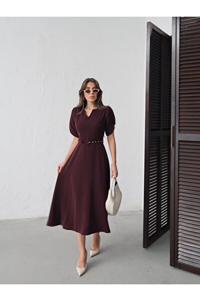 MAXXANA V-Neck Balloon Sleeve Belted Midi Dress