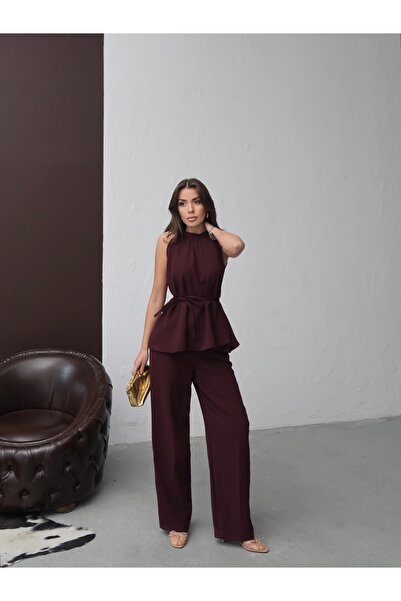 MAXXANA Belted Judge Collar Blouse and Pants Two-Piece Set