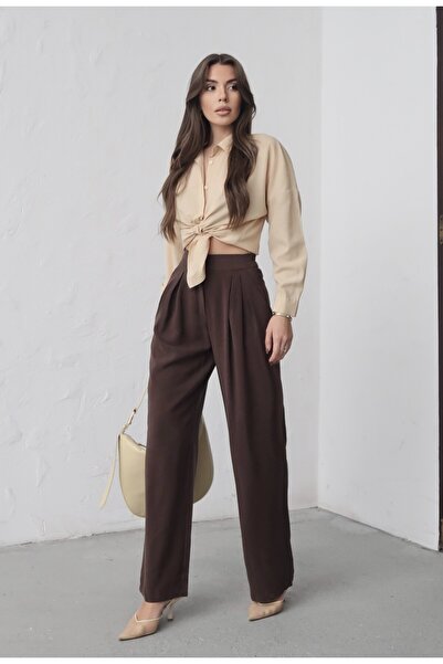 MAXXANA Double Pleated Fabric Trousers with Elastic Waist