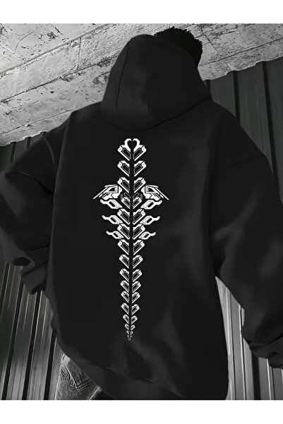 NEVERMIND Unisex Oversized Black Hoodie Spine Figured Geometric Printed Hoode...
