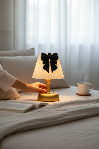 Bubihome Fiyonk Serisi Özel Tasarım Pilli Abajur Gold Gövde Siyah Fiyonk Deta...