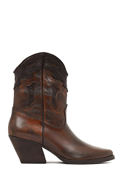 Derimod Women's Brown Short Thick Heeled Leather Cowboy Boots 25Wfd182518