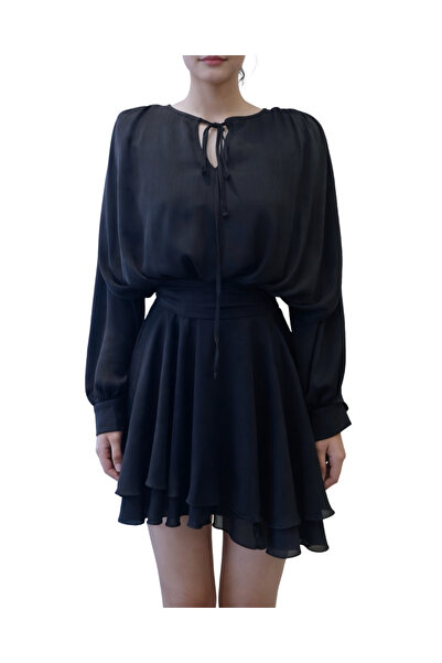 MORE MOSS Women's Asymmetrical Skirted Shoulder Pad Piece Dress with Tie Detail