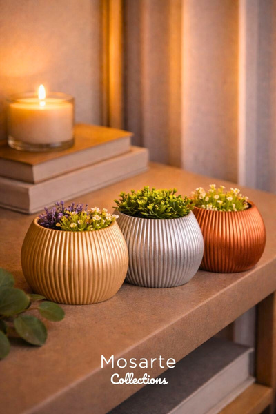 Mosarte مجموعة من 3 مزهريات / قطع ديكور بتصميم دائري محزز وعصري