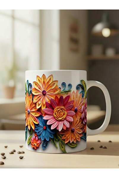 NİVRA GRUP Çiçek Desenli 3D Baskılı Porselen Kupa Bardak