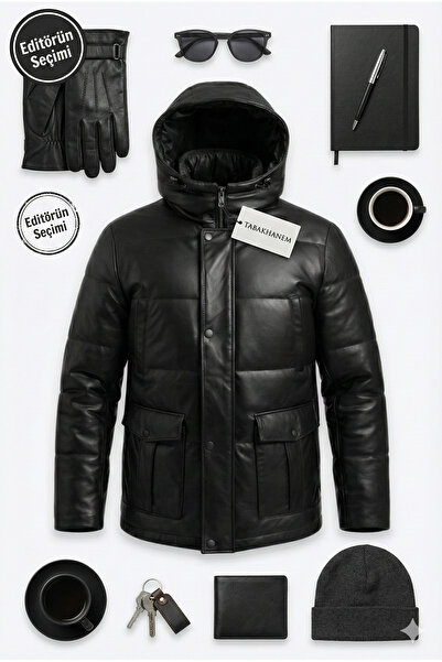 VELZANA Erkek Siyah Hakiki Deri Şişme Kaban Mont | Kapüşonlu, Fermuarlı, Çıtç...