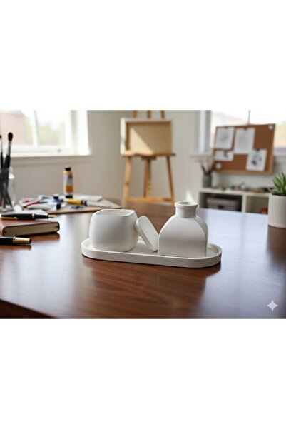 3'lü Dekoratif Set - Oval Sunum Tepsisi, Kapaklı Saklama Kabı ve Minimal Vazo