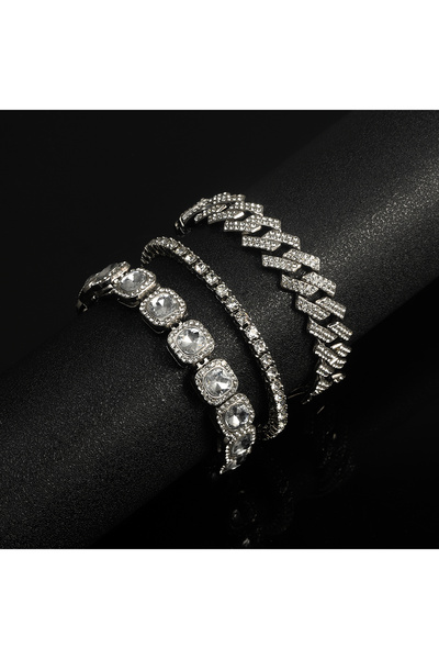Choice Set A 3pcs Men Women Stylish Bracelet Set Silver Cuban Chain+Tennis Ch...