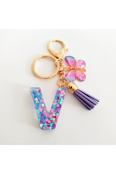 Choice V Fashion Butterfly Fringe Initial Keychain Drop Glue Blend Sequin A-Z...
