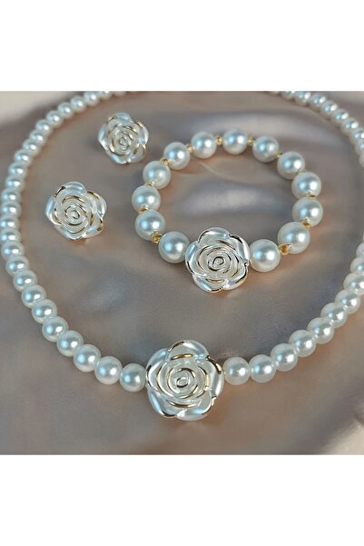 Choice White Fashion Camellia Jewelry Set Elegant Imitation Pearl Necklace+Br...