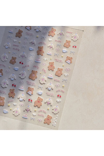 Choice 1pcs 1PCS 5D Embossed Nail Sticker Cute Gray Cake Teddy Bear Bow Carto...
