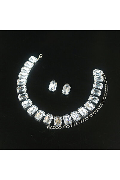 Choice Silver Plated Oversize Square Rhinestone Choker Necklace Set Trend Lar...