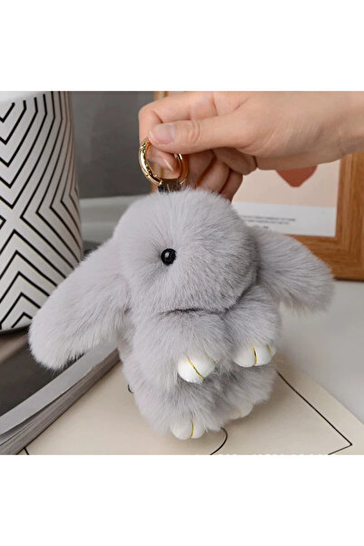 Choice Light Gray Fluffy Rabbit Keychain for Car Keys Cute Bunny Pompon Bag H...