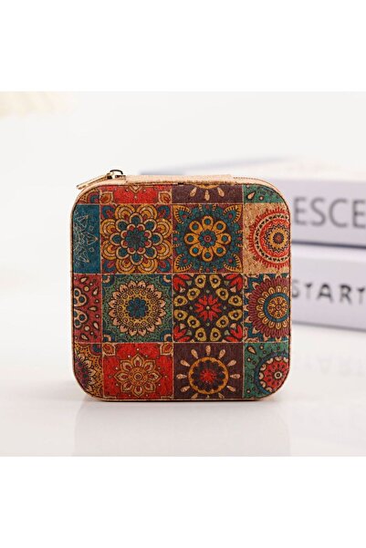 Choice صندوق تنظيم مجوهرات عتيق من الفلين بنقشة زهور مربعة، صندوق تخزين أقراط...