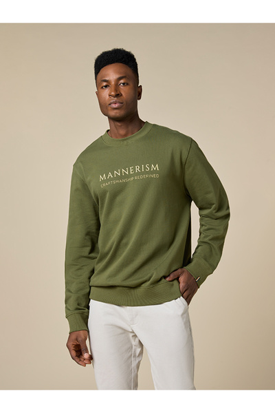 Mannerism The Olive Essential Cotton Sweatshirt with Crew Neck Relaxed Fit