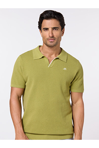 Mannerism The Ripe Kiwi Green Cotton V-Neck Polo Comfort Fit