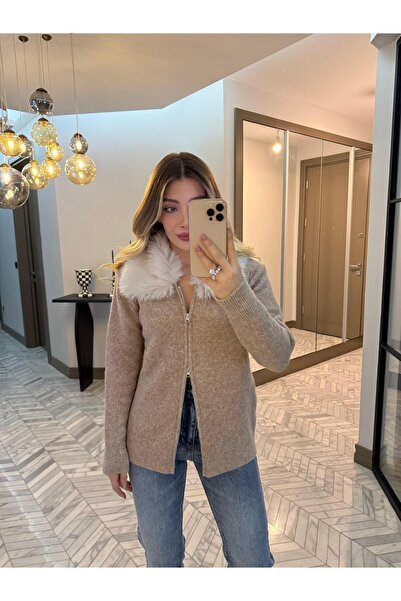 CKBUTİK Bej Kürklü Hırka-1101