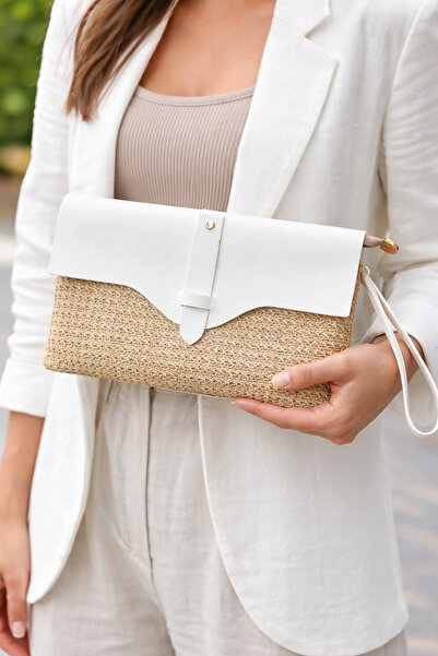 Bymiel Straw & Black Leather Detailed Women's Handbag (Clutch Model)