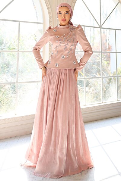 Olcay Vorne mit Steinen besticktes Satin-Yoryo-Seiden-Kombinations-Tesettür-A...