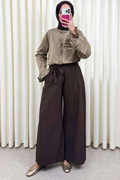 Salih Çelebi بنطلون واسع الساقين بحزام 0068 - بني غامق