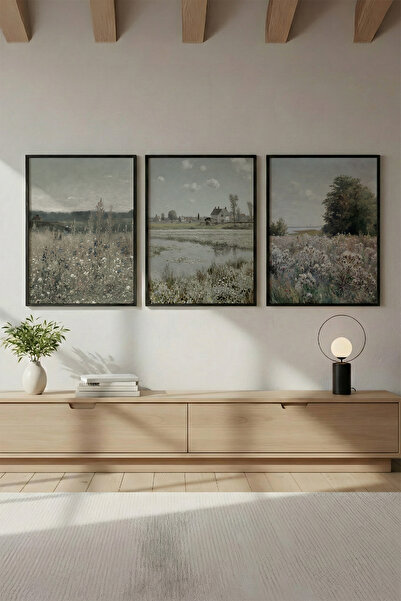 huhuli Doğal Siyah Ahşap Çerçeveli Doğa Manzaralı 3'lü Tablo Seti Huhu655