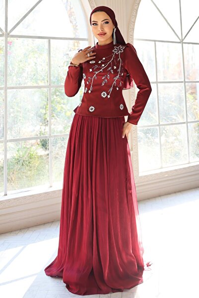 Olcay Vorne mit Steinen besticktes Satin-Yoryo-Seiden-Kombinations-Tesettür-A...