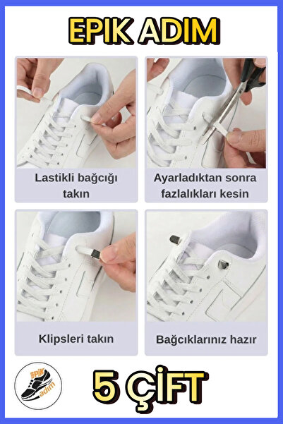 EPİK ADIM Elastic Shoelaces with Metal Clips – Smart Laces, No Tie, White - B...