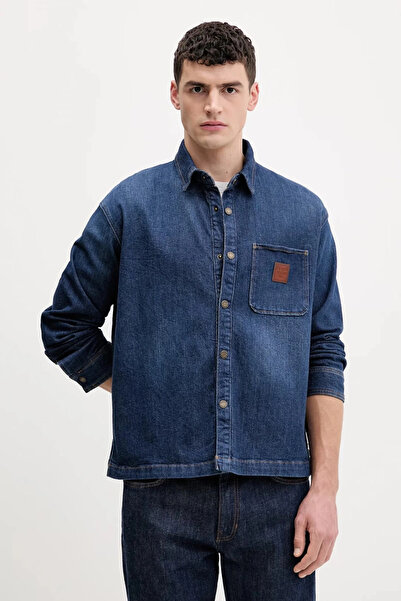 Guess Gj Large Size Short Long Sleeve Men's Navy Blue Shirt M6Rh51D002F-Gtdw