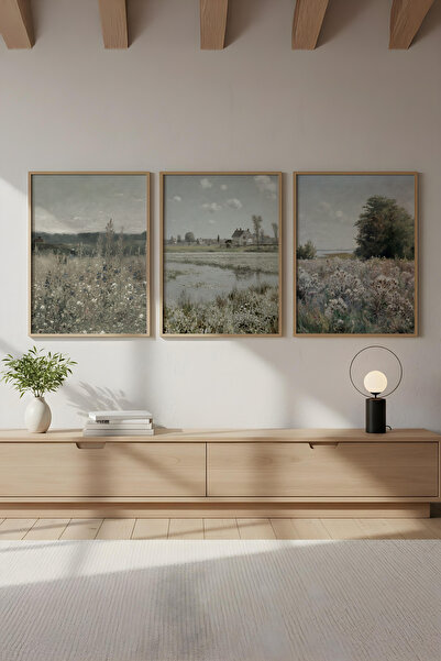 huhuli Set de picturi din 3 piese cu peisaj natural, cu rame din lemn natural...