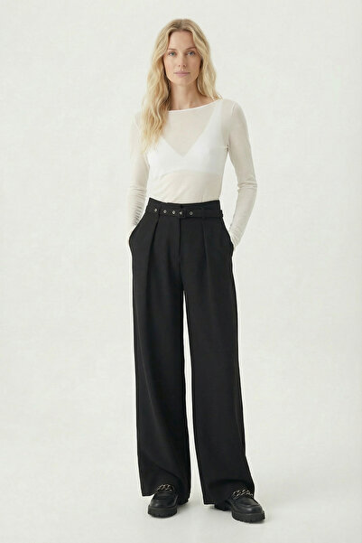 Lovelyİstanbul Pleated Belted Stretch Knit Trousers Lcr0104 Black