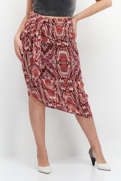 PROMOD Women All Over Print Pull On Midi Skirt, Red