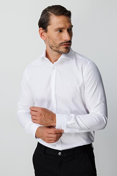 İgs White Slim Fit Slim Fit Classic Collar Plain Long Sleeve No Pocket 100% C...