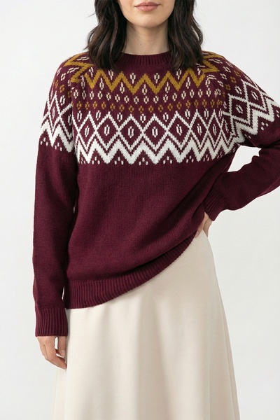 InStyle Burgundy Knit Sweater with Patterned Collar