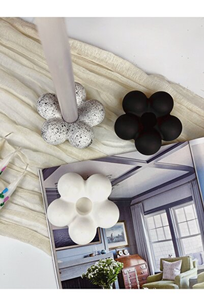 Ca.Gi El Yapımı 3Lü Çiçek Figürlü Siyah & Beyaz Serisi Dekoratif Şamdan & Mum...