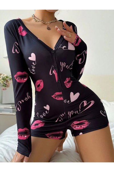 Feel Lady Heart Kiss Patterned Tulle Jumpsuit Pajama