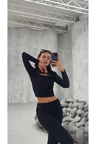 INFİVENTO Bottom Top Turtleneck Window Detail Blouse Wide Leg Slit Pants Suit