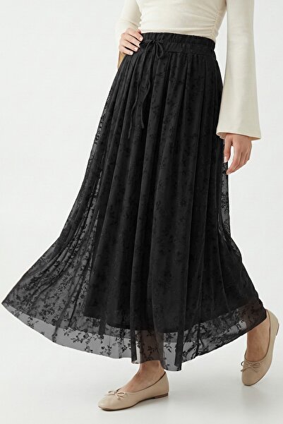 InStyle Floral Flocked Tulle Lined Black Skirt