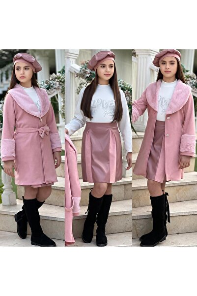 zavera for kids Girl's Leather 4-Piece Set - Plush Collar Suede Coat - Leathe...
