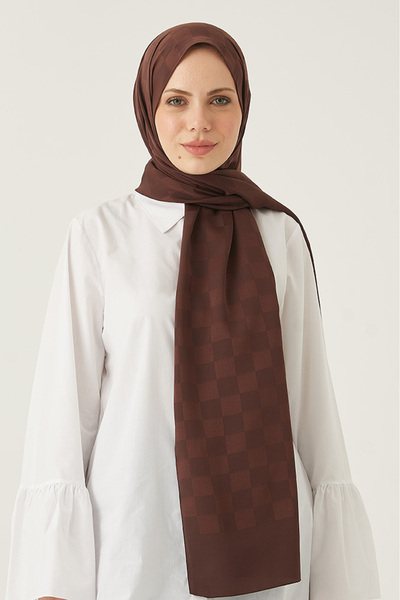 Azbey Dama Desen Acı Kahve İpeksi Jakar Şal
