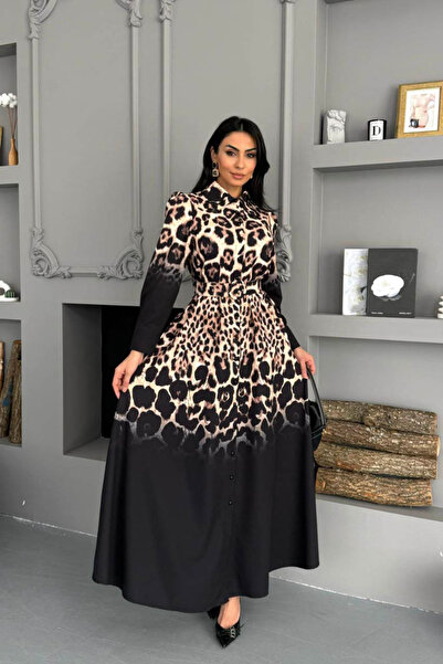 Dipmoda Kadın düğmeli atlas kumaş siyah leopar desenli ithal elbise DPMS2597