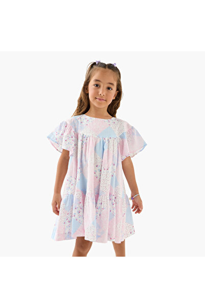 Lee Cooper All-Over Patchwork Print Dress with Flared Sleeves