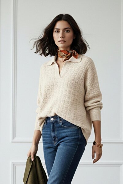 SHERIN سترة تريكو بياقة بولو قصة فضفاضة باللون البيج