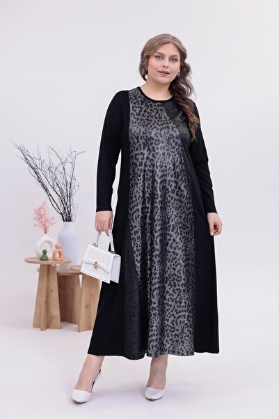 Siyezen Büyük Beden Leopar Kloş Elbise
