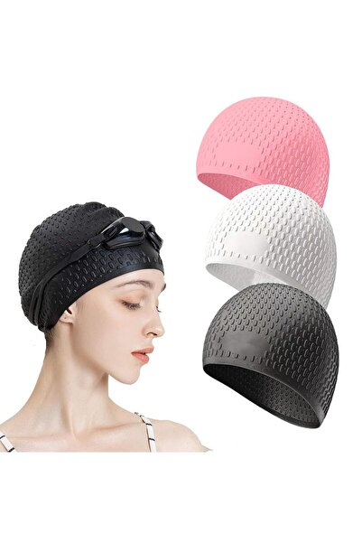 Bukela Adult silicone teardrop swimming cap, black + white + pink