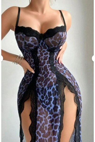 MODA CNG Leopar Desenli Yırtmaçlı G-String Tanga Dahil Seksi Kadın Fantezi Ge...